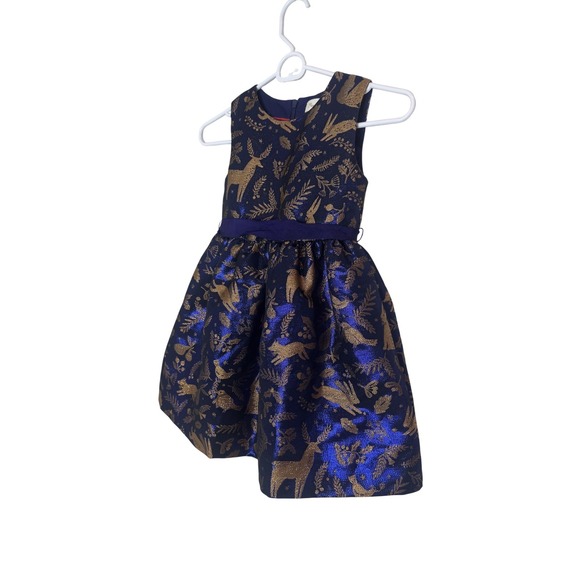 Mini Boden Other - Mini Boden Dress Girls 5-6Y Blue Gold Woodland Animal Jacquard Party Holiday